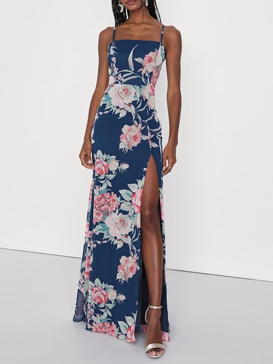 Lulus Dresses & Skirts - Lulu's Navy Floral Spaghetti-Strap Maxi Dress